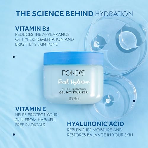 POND’S Fresh Hydration Gel Moisturizer – 24 HR Hydration with Vitamin E, Hyaluronic Acid & Vitamin B3 – Alcohol & Oil-Free Face Moisturizer – Dermatologist Tested, 3.4 oz