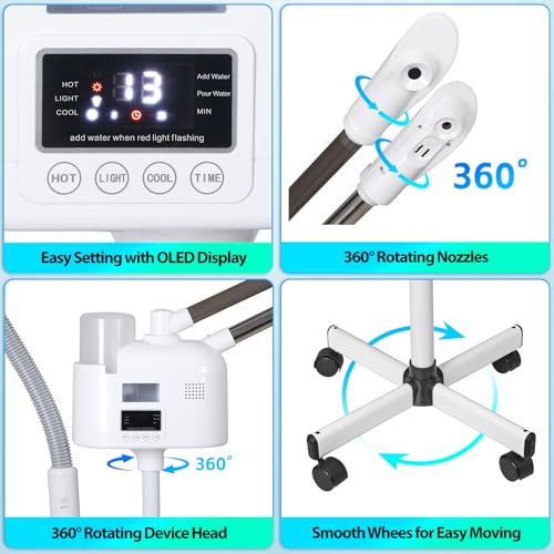 Professional 3 in 1 Facial Steamer Deep Cleaning Ozone Facial Steamer with 5X Magnifying Light & Rolling Wheels Hot/Cold Mist Function for Salon Spa Home Beauty Equipment, White