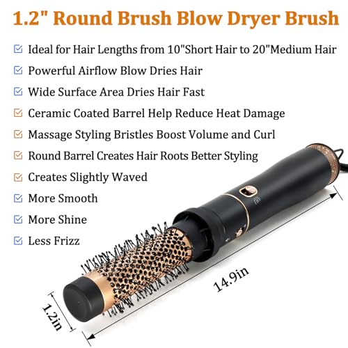 Round Hair Blow Dryer Brush - 1.2 Inch Ceramic Barrel Hair Dryer Brush for Short/Middle Hair, One Step Drying, Volumizing, Straightening and Styling, Negative Ionic Dryer Brush(Black-Brass, 1.2)