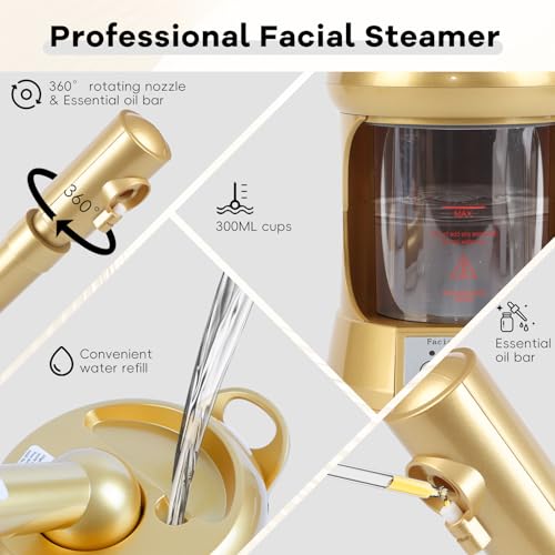 Facial Steamer, Nano Ionic Face Steamer with Extendable Arm for Deep Cleaning and Hydration, 360°Rotating Nozzle Face Humidifier, Portable Ozone Steamer for Beauty, Spa and Home Use（Golden）