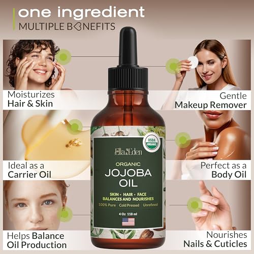 Ella & Eden Organic Jojoba Oil – USDA Certified, Cold-Pressed, 100% Pure & Unrefined, Hexane-Free Oil for Skin, Face, Hair & Nails – 4 Fl Oz Glass Bottle