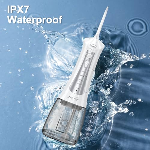 Froomer Cordless Water Flosser – Rechargeable Portable Electric Water Flosser for Teeth, Braces, 5 Modes, IPX7 Waterproof, Travel Friendly, 300ml, White