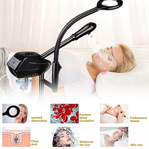 Facial Steamer for Ozone Humidifier Atomizer Attach 5× Magnifier and Light, Professional Face Steamer Clean Skin Firming Pores and Moisturizing Suitable for a Beauty, Spa, at Home