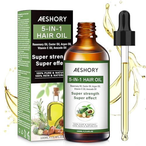 Aeshory Hair Oil - 5 IN 1 Hair Care Oil with Rosemary, Castor, Argan, Vitamin E, and Avocado for Hair Growth and Strengthening - Nourishing and Volumizing 3.38 fl oz