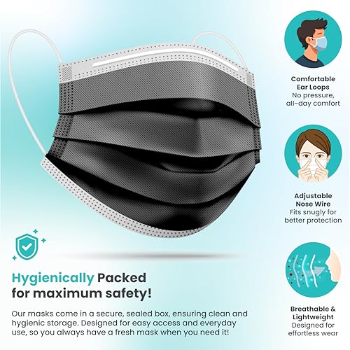 [Pack Of 150] Black Disposable Face Mask, 3-Ply Adult Masks, Facial Cover with Elastic Earloops For Home, Office, School, and Outdoors