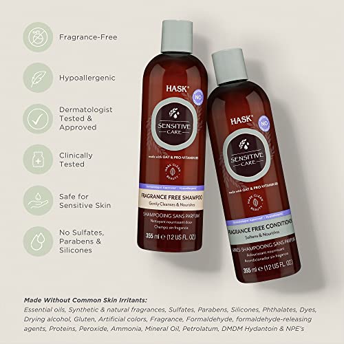 HASK Sensitive Care Shampoo + Conditioner Set | Fragrance-Free, Paraben-Free, Sulfate-Free, Gluten-Free, Vegan, Cruelty-Free, Color Safe | 12oz each