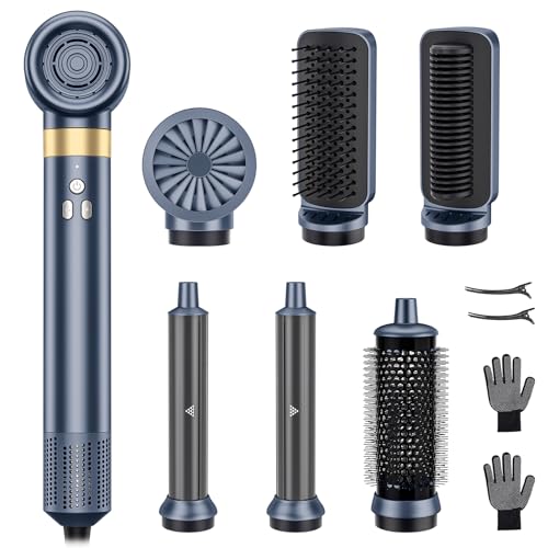6-in-1 Hair Styler, Hair Dryer, Multi-Function Hot Air Brush Set, Ionic Blow Dryer with Interchangeable Attachments for Curling, Straightening, Volumizing, Gift for Women(Gemstone Blue)