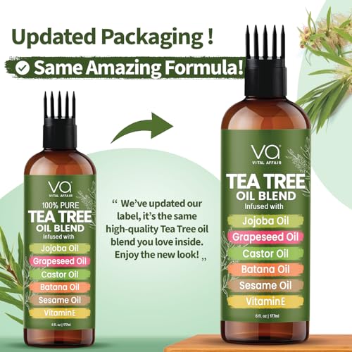VITAL AFFAIR Tea Tree Oil For Hair With Jojoba, Castor, Batana Oil - Tea Tree Hair And Scalp Treatment - Hair Oil For Dandruff - Helps Strengthen, Volumize & Promotes Hair Growth - 6 Fl Oz