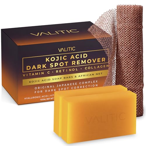VALITIC Kojic Acid Dark Spot Remover Soap with Turmeric, Vitamin C, Retinol - Original Japanese Complex with Hyaluronic Acid, Vitamin E, Shea Butter, Castile Olive Oil - 2 Pack and African Net Sponge