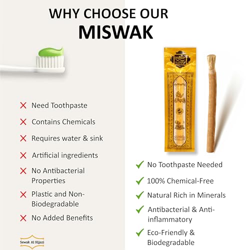 Pack of 12 Miswak Sticks Natural Toothbrush for Teeth Whitening, Oral Health & Fresh Breath, Siwak Stick Organic Wooden Vacuum Sealed Tooth Brush, Miswak Sticks for Teeth مسواك
