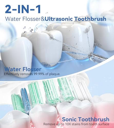 Water Flosser & Ultrasonic Electric Toothbrush Combo, 600ML Water Dental Flosser with 7 Jet Tips, 10 Adjustable Water Pressure, 5 Toothbrush Heads for Home Use, Gums, Braces (White)