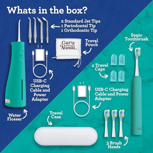 GuruNanda Lion & Lamb Kit 2.0, Electric Toothbrush with Water Flosser Combo, 4 Jet Tips, 4 Brush Heads, & IPX7 Waterproof Design for Complete Oral Care, Teal