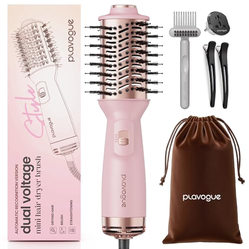 PLAVOGUE Mini Dual Voltage Hair Dryer Brush, 700 Watts Travel Hot Air Brush with European Plug，Ionic One Step Blow Dryer and Styling Brush with Ceramic Coating for Women for Home & Salon (Pink)