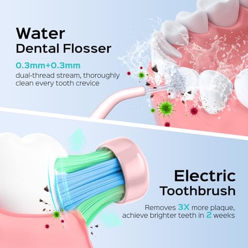 COSLUS Portable Water Flosser with Electric Toothbrush Combo: 2-in-1 Oral Clean Kit for Teeth, Braces, Gums Care - Brushing & Flossing for Adults, Family, Travel Use, BPA-Free, Pink, C20 & C41