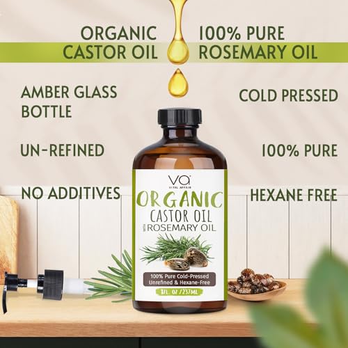 VITAL AFFAIR Organic Castor Oil With Rosemary Oil For Hair Growth - 100% Pure Rosemary Hair Oil With Pure Castor Oil Cold Pressed Unrefined Glass Bottle - Strengthening & Volumizing 8 Fl Oz