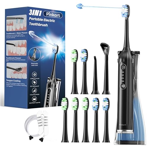 Pinkart 3 in 1 Electric Toothbrush with Water Flosser Combo for Adults, Toothbrush Flosser Combo in One, 8 Brush Heads, Flosser Tip, 180ML Water Tank, Rechargeable Portable Oral Irrigator (Black)