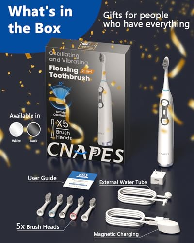 3-in-1 Flossing Toothbrush – Flosses, Vibrates and Oscillates, Electric Toothbrush with Water Flosser for Adults, 5 Brush Heads, 3 Modes for Plaque Removal, Sensitivity & Braces, Travel - White