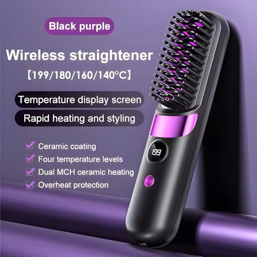 Brush Pro, Portable Wireless Straight Hair Comb, Straightener Brushs for Travel with LCD Temperature Display, Hair Straightener Fast Heating Cordless Mini Hair Brushs (Black)