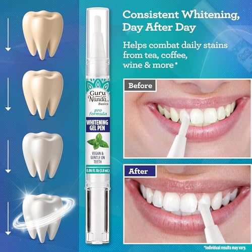 GuruNanda Teeth Whitening Pen,(0.06 fl oz)-20 Uses, Vegan & Gentle on Teeth Pro Formula - Hydrogen Peroxide Whitening Gel Pen, Cruelty-free, Mint Flavor