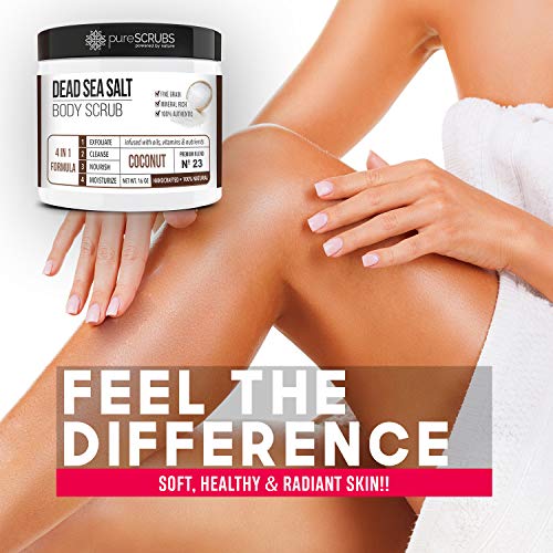 pureSCRUBS Premium Coconut Body Scrub Set - Large 16oz Dead Sea Salt Body Scrub With Infused Essential Oils & Nutrients, Includes Wooden Spoon, Loofah & Oatmeal Exfoliating Bar Soap