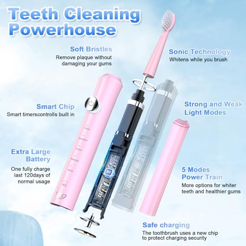 JTF Sonic Electric Toothbrush for Adults & Kids: 5 Modes for Sensitive Teeth, Effective Yet Gentle Cleaning - with 8 Brush Heads & Smart Timer, Rechargeable Portable for Daily Care, Home & Travel Use