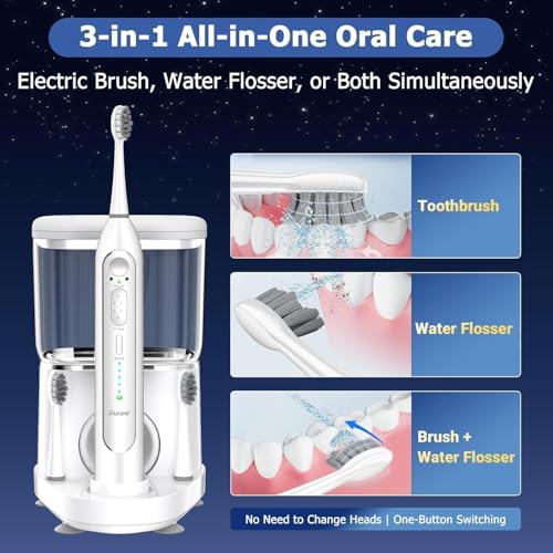 Electric Toothbrush with Water Flosser, Upgrade Flossing Toothbrush Combo with 3 Brush, 5 Floss Speeds& 3 Brush Modes, 500mL Tank, 30-Day Battery, for Adults & Teens, Gums, Braces-White