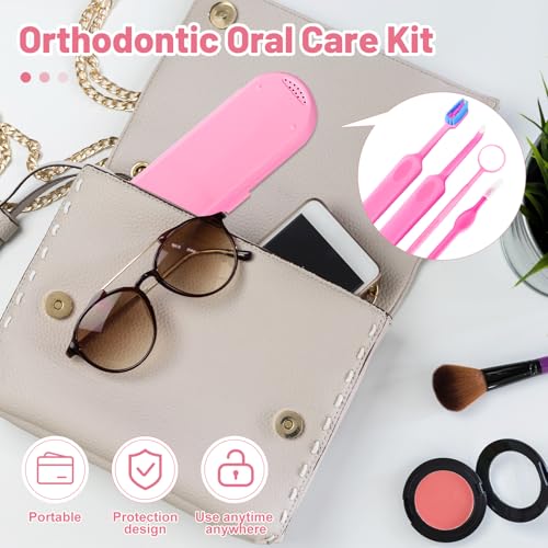 7-in-1 Orthodontic Oral Care Kit with Case – Toothbrush, End Tuft Toothbrush, Dental Mirror, Interdental Brush, Dental Floss and Threaders, Dental Wax, Portable Hygiene Set for Braces Daily Use (Pink)