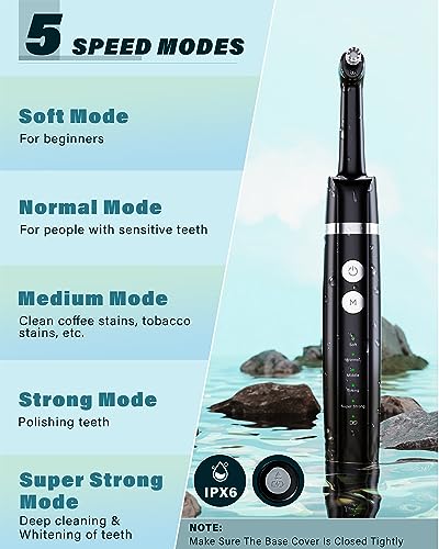 Tooth Polisher, Rechargeable Tooth Whitening Kit for Teeth Cleaning and Whitening, with 3 Tooth Polish Paste and 5 Brush Heads, LED Light, Easy to Use at-Home Personal Dental Care Kit (Black)