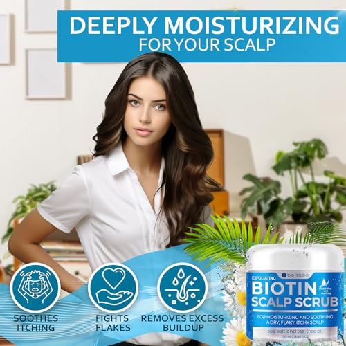 Biotin Scalp Scrub - Exfoliator Treatment for Dry Hair and Itchy, Flaky Scalps - Intense Moisturizer and Detox Cleanser for Build Up Relief - Anti Dandruff Mask with Tea Tree Oil for Women and Men