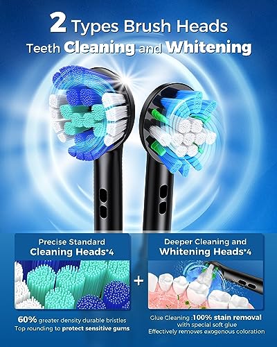 TEETHEORY Rotating Electric Toothbrush for Adults with 8 Brush Heads (2 Types), 4 Modes Deep Clean Electric Toothbrush with Rechargeable Power and 2 Min Smart Timer (1- Black, p1)