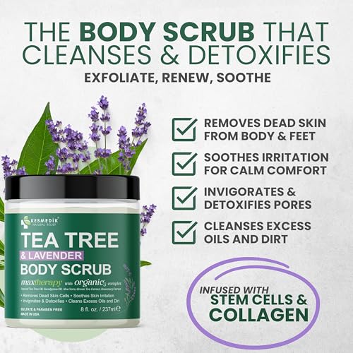 Pure Tea Tree Oil Body & Foot Scrub, Himalayan Salt Exfoliating Scrub with Stem Cells & Shea Butter, Antifungal Defense, Acne Support, Itchy Skin Relief, Removes Dead Skin & Rough Patches