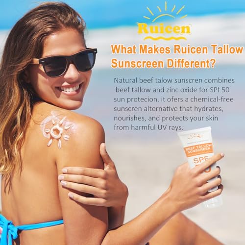Beef Tallow Sunscreen with Zinc Oxide: Mineral Sunscreen SPF 50, Organic Natural Sun screen-Non Greasy Formula, No White Cast, Beef Tallow Sunblock for Sensitive Skin- Water-Resistant-2.82 oz (80g)