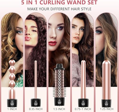 O'bella 5 in 1 Wand Curling Iron Set,Curling Wand Set with Thermal Brush&4 Interchangeable Ceramic Curling Wand(0.35”-1.25”), Instant Heat Up, Dual Voltage Hair Curler, Gifts for Women