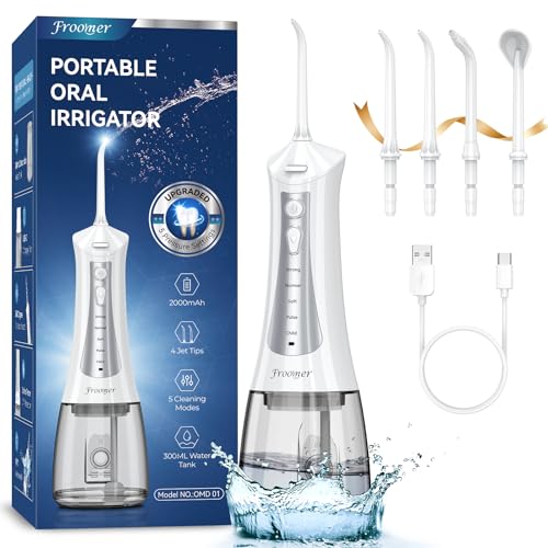 Froomer Cordless Water Flosser – Rechargeable Portable Electric Water Flosser for Teeth, Braces, 5 Modes, IPX7 Waterproof, Travel Friendly, 300ml, White