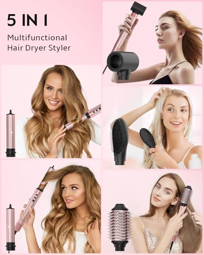 Brightup 5 in 1 Air Styler, 1400W High Speed Hair Dryer Brush, Professional Automatic Hair Curler with Cool Shot Button, 800 Million Ionic, No Heat Damage, with Travel Bag