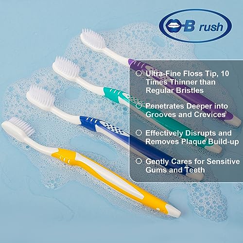 B Rush B Extra Soft Toothbrushes for Adults - Flossing Toothbrush for Sensitive Teeth and Receding Gums, Tapered Bristles Ultra Clean Plaque Remover Travel Toothbrush Individually Wrapped Pack of 4
