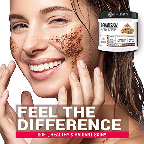 pureSCRUBS Premium Coconut Brown Sugar Scrub | Face, Feet & Full Body Scrub | Large 16oz Jar Includes Wooden Spoon, Loofah & Mini Exfoliating Bar Soap