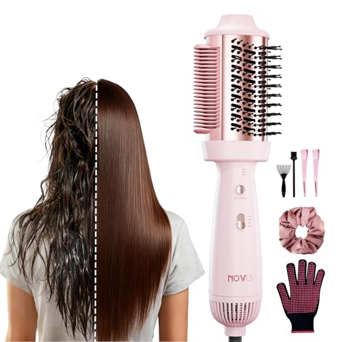 4-in-1 Blow Dryer Brush & Hair Straightener - NOVUS Ionic Hot Air Styler with Titanium Barrel, Volumizer for Frizz-Free Smoothing, Blowout Tool for All Hair Types (Pink)