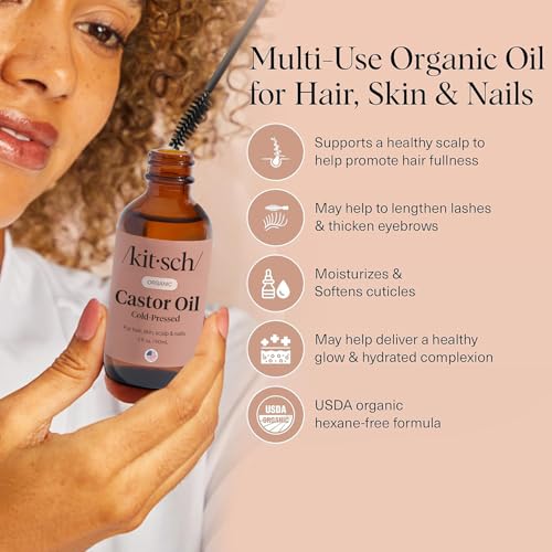 Kitsch Organic Castor Oil for Hair Growth - 100% Pure Castor Oil, Organic Cold Pressed Unrefined Glass Bottle for Face, Skin, Lashes, Brows, Scalp, Nails & Belly Button | Ideal Gifts for Women - 2 oz