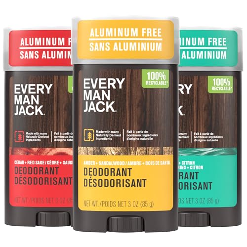 Every Man Jack Men's Deodorant Variety Set - Three Full-Sized Deodorant Sticks with Clean Ingredients & Incredible Scents - Cedar + Red Sage, Amber + Sandalwood, Sea Mineral + Citron - 3 oz - 3 Pack
