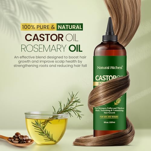 Natural Riches Castor Oil with Rosemary Oil, 8 fl oz, For Stronger, Fuller and Thicker Hair Growth - Organic Castor Oil with Rosemary Oil Premium Grade hair treatment