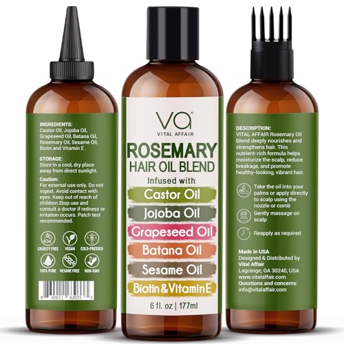 VITAL AFFAIR Blend Of Pure Rosemary Oil For Hair Growth With Castor, Batana, Jojoba Oil-Infused With Biotin & Vitamin E-Blend of Effective Hair Oils for Hair Growth-Strengthening Treatment 6 Fl Oz