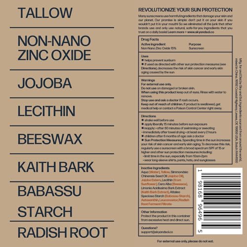 Sky and Sol Natural Mineral Sunscreen SPF 30 3 oz: Natural Tallow & Zinc Oxide, Reef Safe, Water Resistant, Fragrance-Free, Non-Greasy Formula for Face and Body