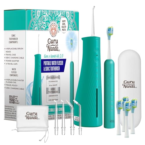 GuruNanda Lion & Lamb Kit 2.0, Electric Toothbrush with Water Flosser Combo, 4 Jet Tips, 4 Brush Heads, & IPX7 Waterproof Design for Complete Oral Care, Teal
