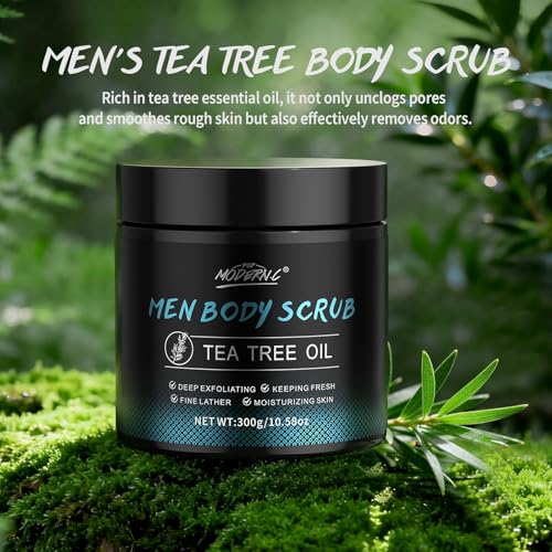 Men Body Scrub with Tea Tree Oil Exfoliating Body Scrub for Men Improve Odor Smooth Rough Skin Body Exfoliator Scrub for Back Chest Shoulders Butt Legs Mens Exfoliating Body Wash with 2% BHA 10% AHA