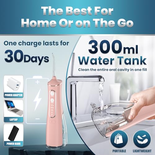 Water Flosser for Teeth Cleaning, 300ML Portable Cordless Oral Irrigator with DIY Strength, 4 Modes, IPX7 Waterproof & 30-Day Battery, 2-Min Smart Timer for Home/Travel Dental Care, Rose Gold