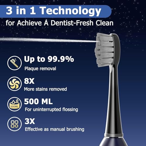 Electric Toothbrush with Water Flossers for Adults, Upgrade Flossing Toothbrush Combo, 5 Floss Speeds&3 Brush Modes, 500mL Tank, 30-Day Battery, for Adults & Teens, Gums, Braces, Dental Care,Blue