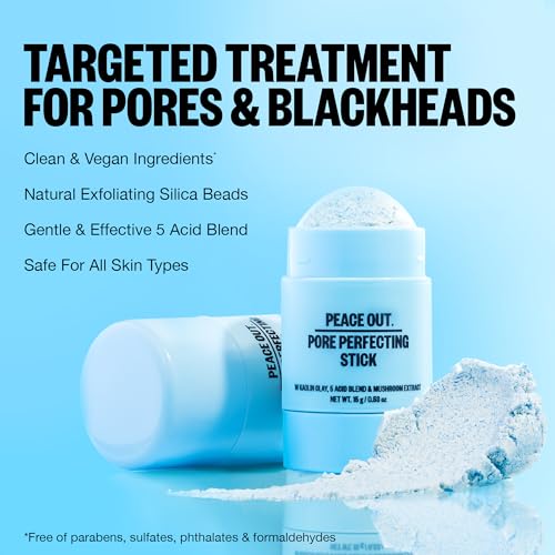 PEACE OUT Pore Perfecting Stick, Clay Cleanser for Pores and Blackheads, Exfoliating Face Stick with Glycolic and Salicylic Acid, Targets Oil and Texture, 0.53oz