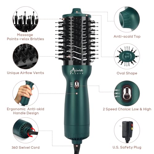 Aima Beauty Hair Dryer Brush Dual Voltage Worldwide Travel Blow Dryer Brush Hot Air Brush Oval Barrel 110-120V/220-240V 360°Airflow,Negative Ionic Frizz-Free Dry/Straightening/Voluming, Dark Green