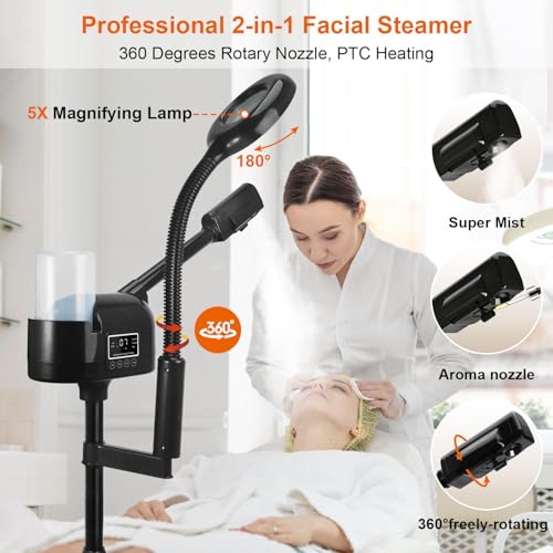Professional Facial Steamer with 5X Magnifying Lamp, 2 in 1 Facial Steamer Upgrade PTC Heating, Esthetician Steamer Black Face Steamer for Salon Spa Beauty Skin Care (Black)